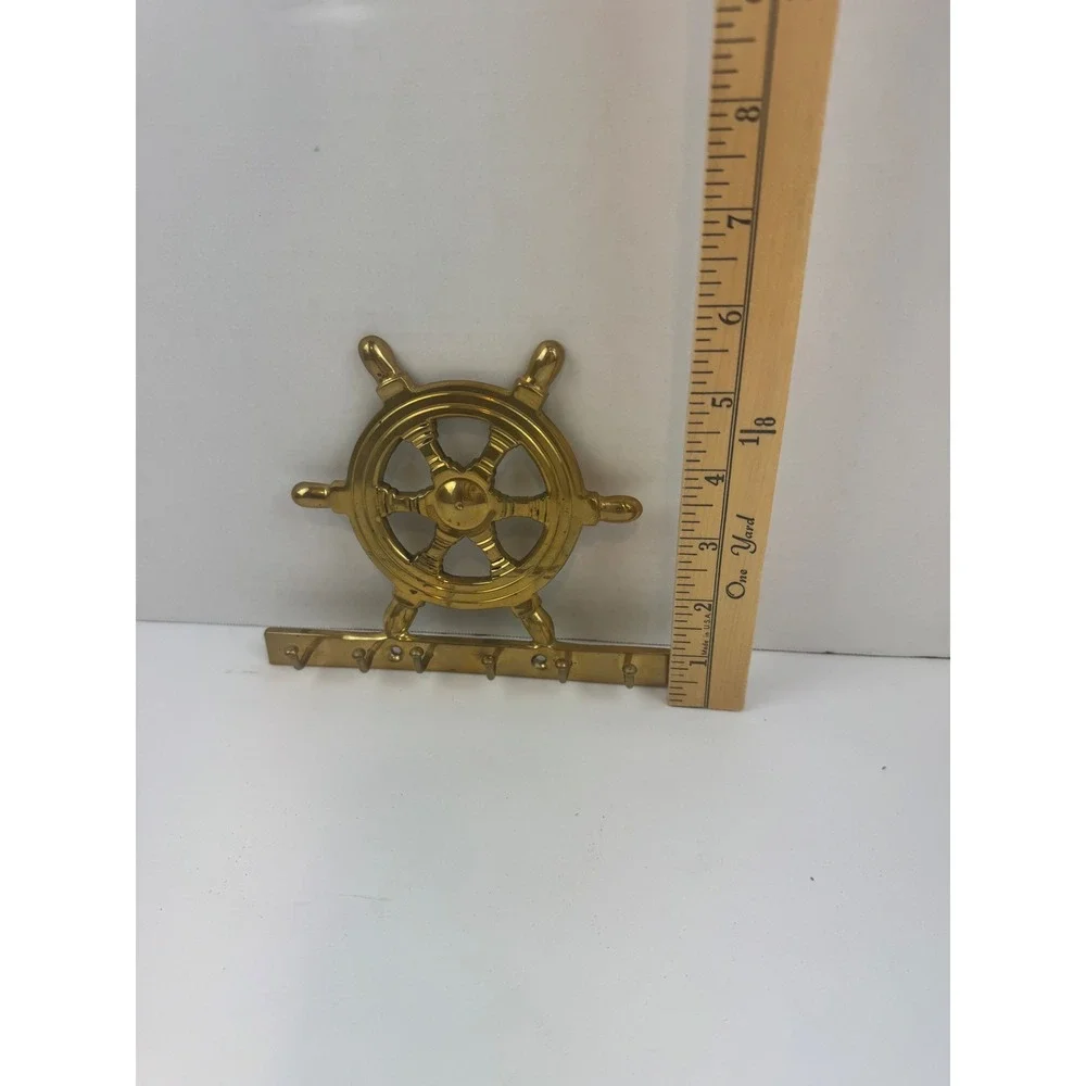 Vintage Solid Brass Ships Wheel Key Rack Nautical Coastal Wall Mount 6 Hook 7.5